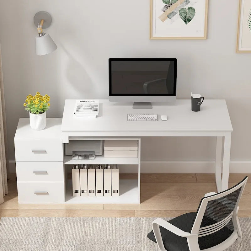 Scrivania a L per computer da 55" con cassetti – Rovere / Grigio marrone / Marrone scuro / Nero / Bianco, 1 persona