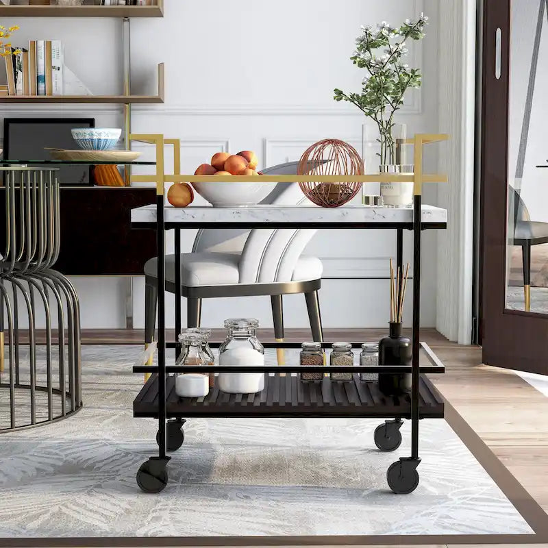 Carrello da portata a 2 ripiani in finto marmo bianco e noce, moderno, con struttura nera/oro