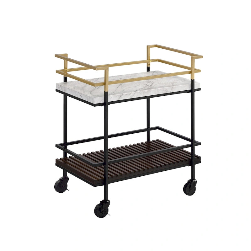 Carrello da portata a 2 ripiani in finto marmo bianco e noce, moderno, con struttura nera/oro