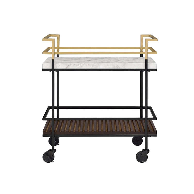 Carrello da portata a 2 ripiani in finto marmo bianco e noce, moderno, con struttura nera/oro