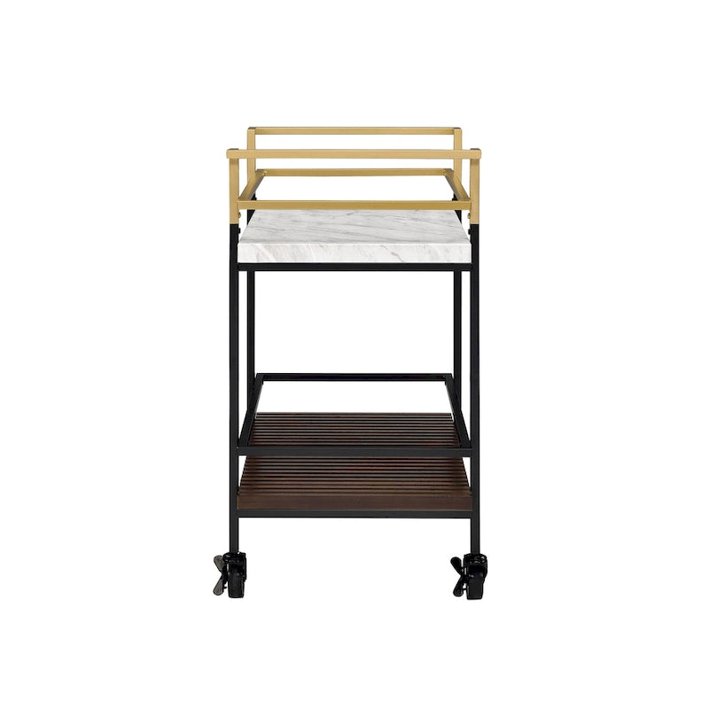 Carrello da portata a 2 ripiani in finto marmo bianco e noce, moderno, con struttura nera/oro