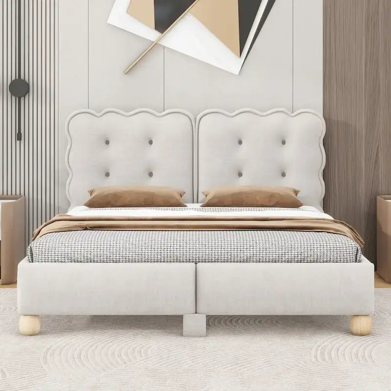 Letto a piattaforma Queen beige, imbottito capitonné, per 2 persone