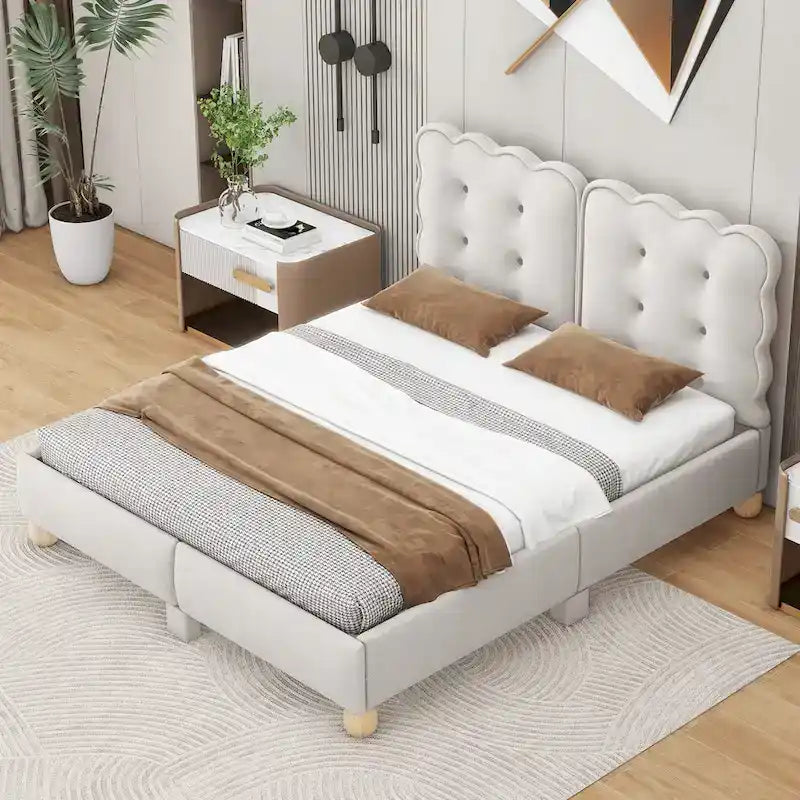 Letto a piattaforma Queen beige, imbottito capitonné, per 2 persone