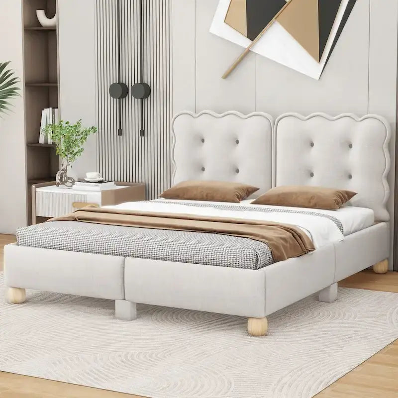Letto a piattaforma Queen beige, imbottito capitonné, per 2 persone