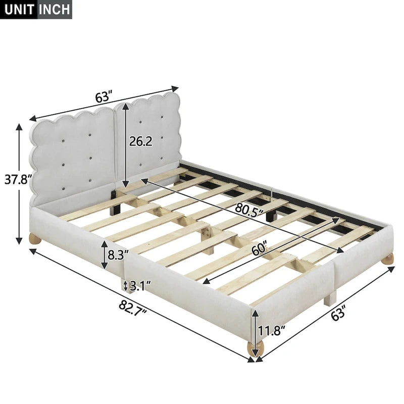 Letto a piattaforma Queen beige, imbottito capitonné, per 2 persone