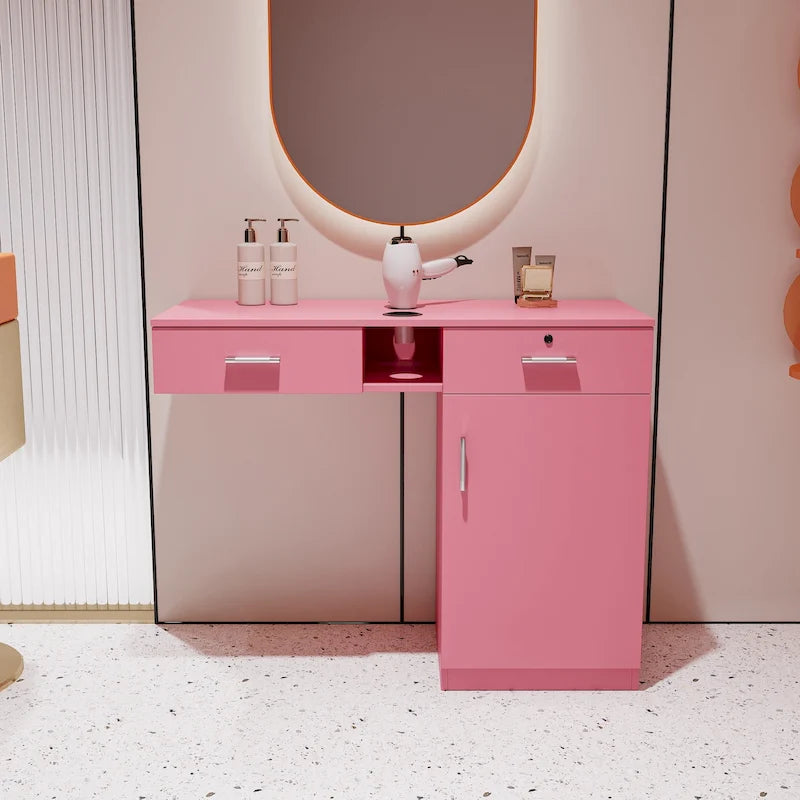 Postazione da salone da parete rosa/bianca con cassetto con serratura – 1 persona
