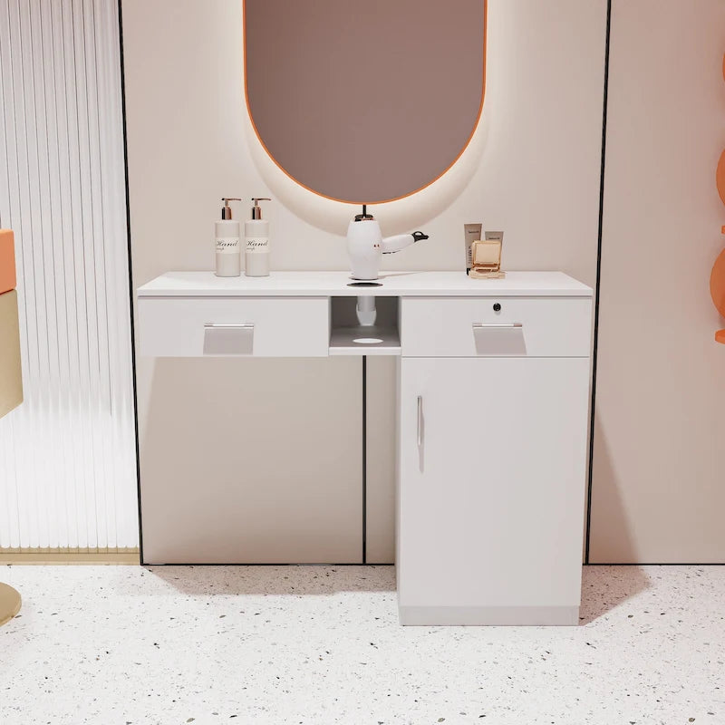 Postazione da salone da parete rosa/bianca con cassetto con serratura – 1 persona