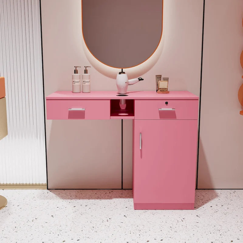 Postazione da salone da parete rosa/bianca con cassetto con serratura – 1 persona
