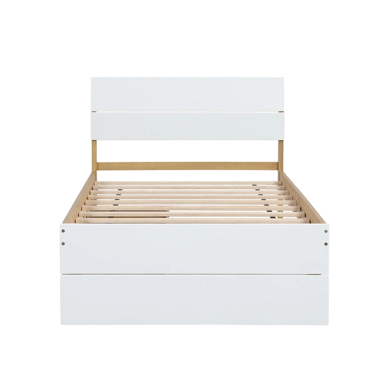 Struttura letto matrimoniale bianco e rovere chiaro con rotelle, 2 posti letto, stile moderno