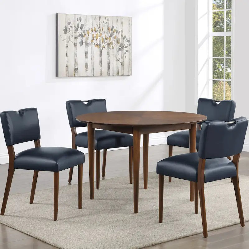 Set da pranzo rotondo da 5 pezzi, finitura noce, velluto/ecopelle, 4 posti a sedere