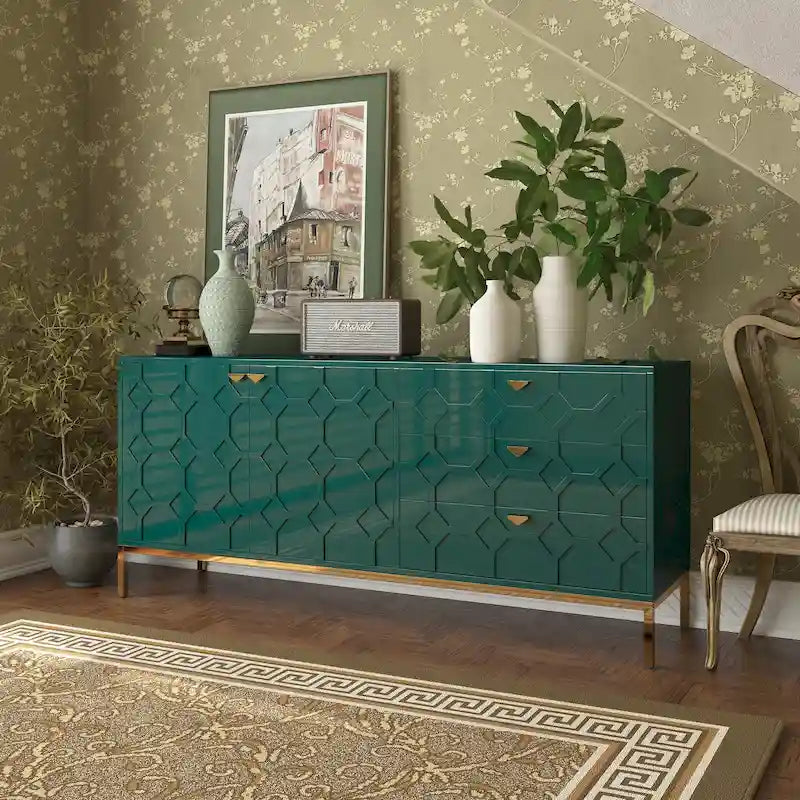 Mobiletto a 2 ante con 3 cassetti blu/nero/bianco/verde – Stile a nido d'ape, singolo