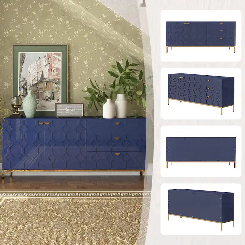 Mobiletto a 2 ante con 3 cassetti blu/nero/bianco/verde – Stile a nido d'ape, singolo