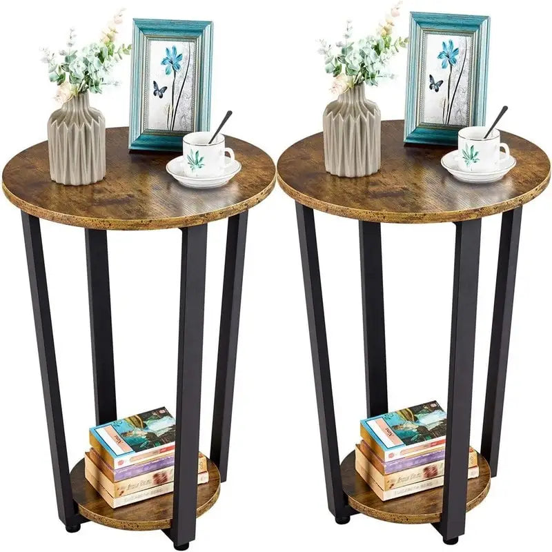 Tavolino da salotto marrone rustico a 2 ripiani, set da 2, piano in legno, 50 x 50 x 56,5 cm