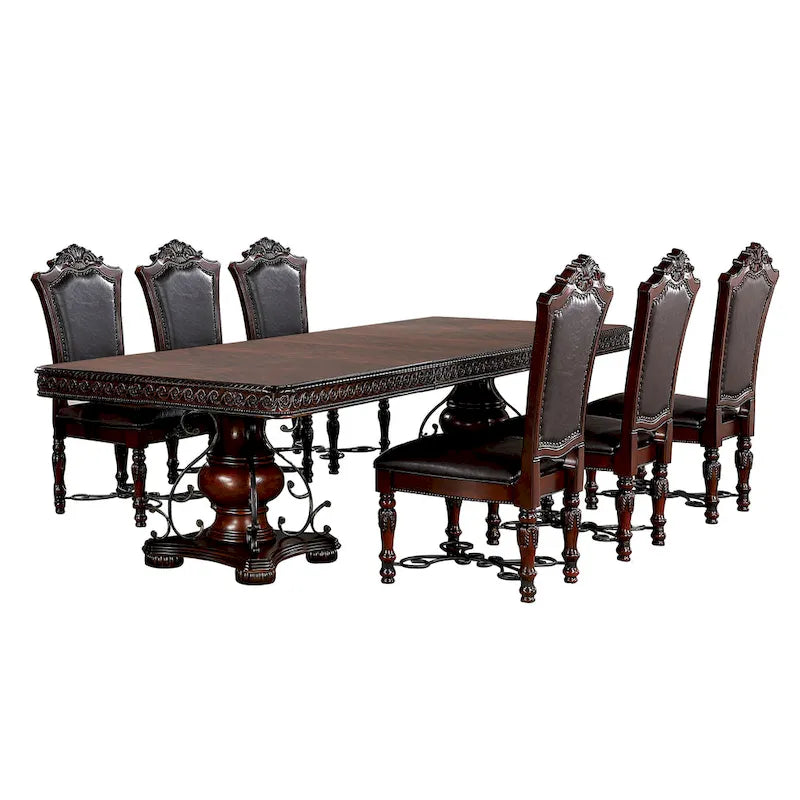 Set da pranzo allungabile in 7 pezzi, color ciliegio scuro, con sedie in similpelle nera, ospita fino a 8 persone