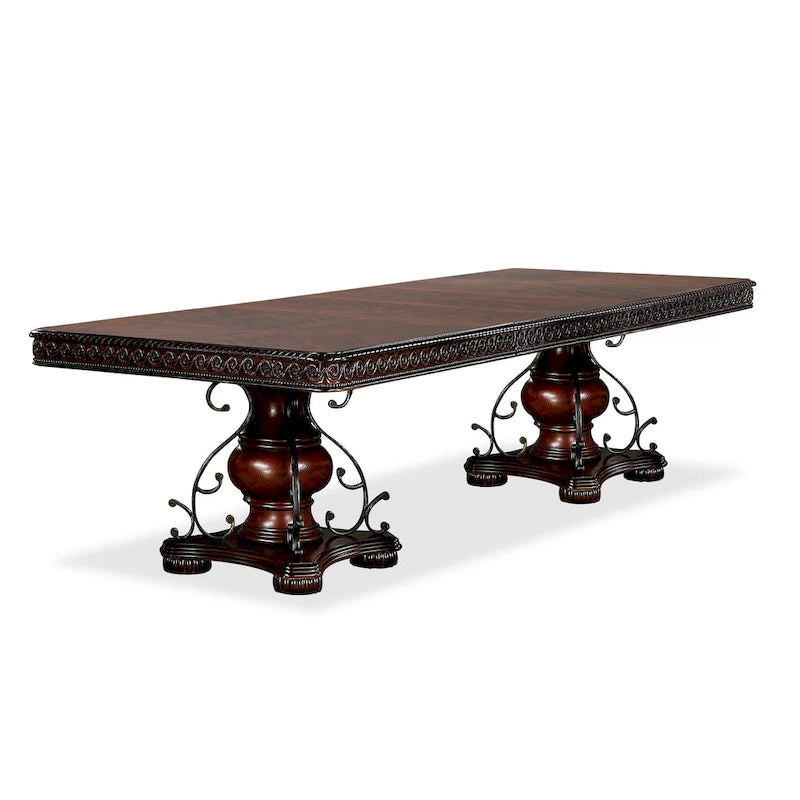 Set da pranzo allungabile in 7 pezzi, color ciliegio scuro, con sedie in similpelle nera, ospita fino a 8 persone