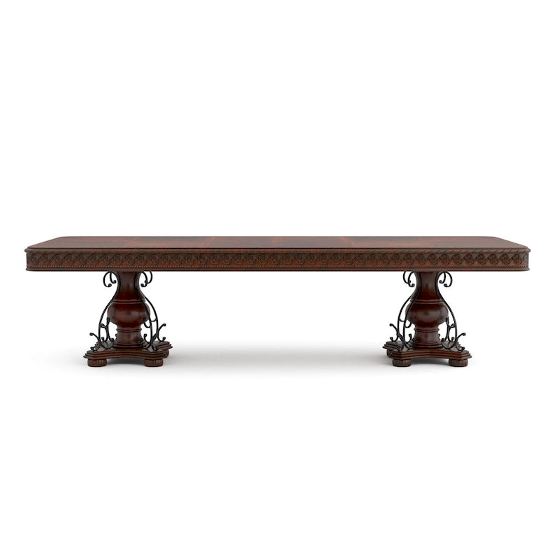 Set da pranzo allungabile in 7 pezzi, color ciliegio scuro, con sedie in similpelle nera, ospita fino a 8 persone