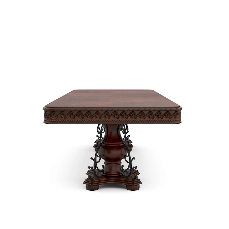 Set da pranzo allungabile in 7 pezzi, color ciliegio scuro, con sedie in similpelle nera, ospita fino a 8 persone