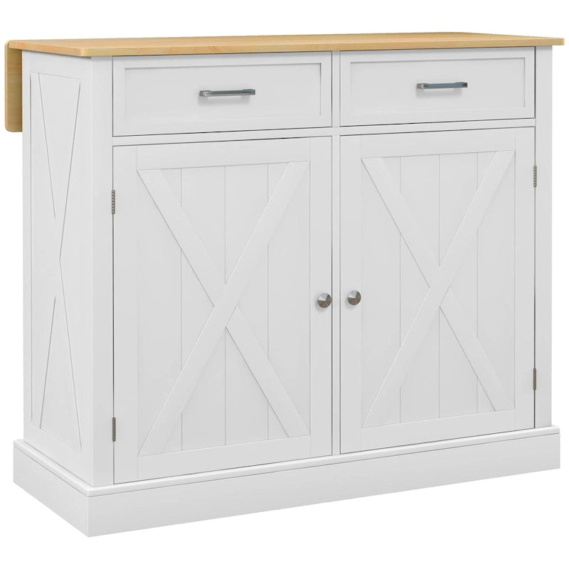 Isola da Cucina Bianca con Rotelle e Piano a Scomparsa, Top in Legno, Portatile