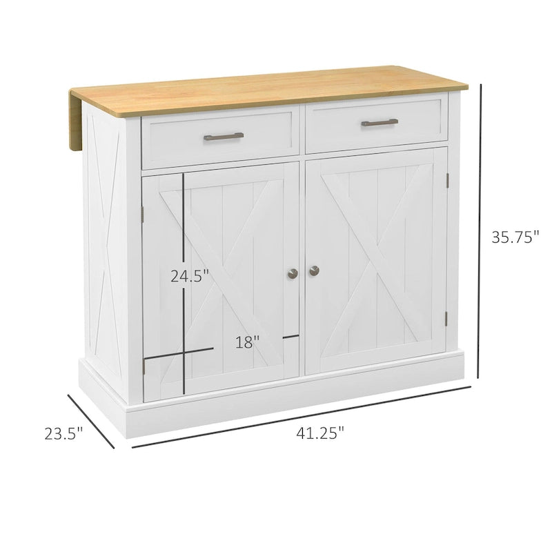 Isola da Cucina Bianca con Rotelle e Piano a Scomparsa, Top in Legno, Portatile