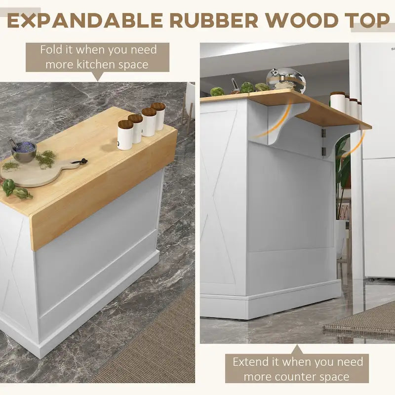 Isola da Cucina Bianca con Rotelle e Piano a Scomparsa, Top in Legno, Portatile