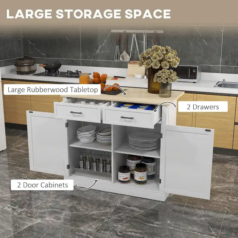 Isola da Cucina Bianca con Rotelle e Piano a Scomparsa, Top in Legno, Portatile