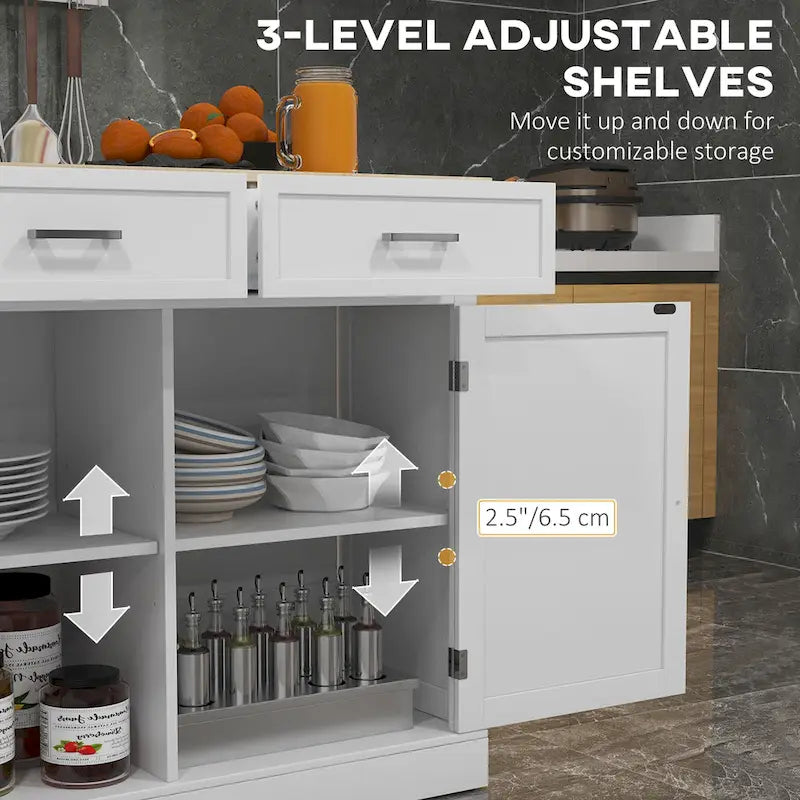 Isola da Cucina Bianca con Rotelle e Piano a Scomparsa, Top in Legno, Portatile