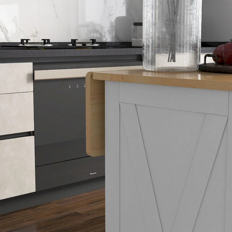 Isola da Cucina Bianca con Rotelle e Piano a Scomparsa, Top in Legno, Portatile