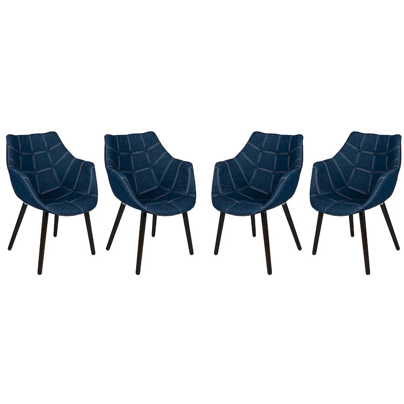 Poltrona a botte in denim, tappezzeria trapuntata, gambe in legno di faggio, 1 posto