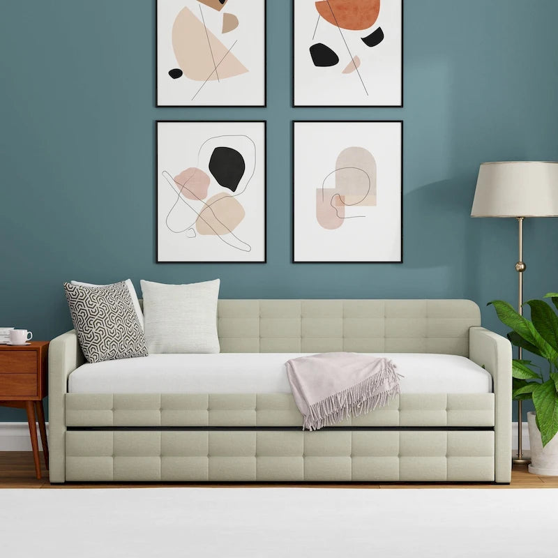 Letto Divano Trapuntato Beige / Pietra / Grigio con Letto Estraibile – Matrimoniale, Posti a Sedere e Posti Letto per 2