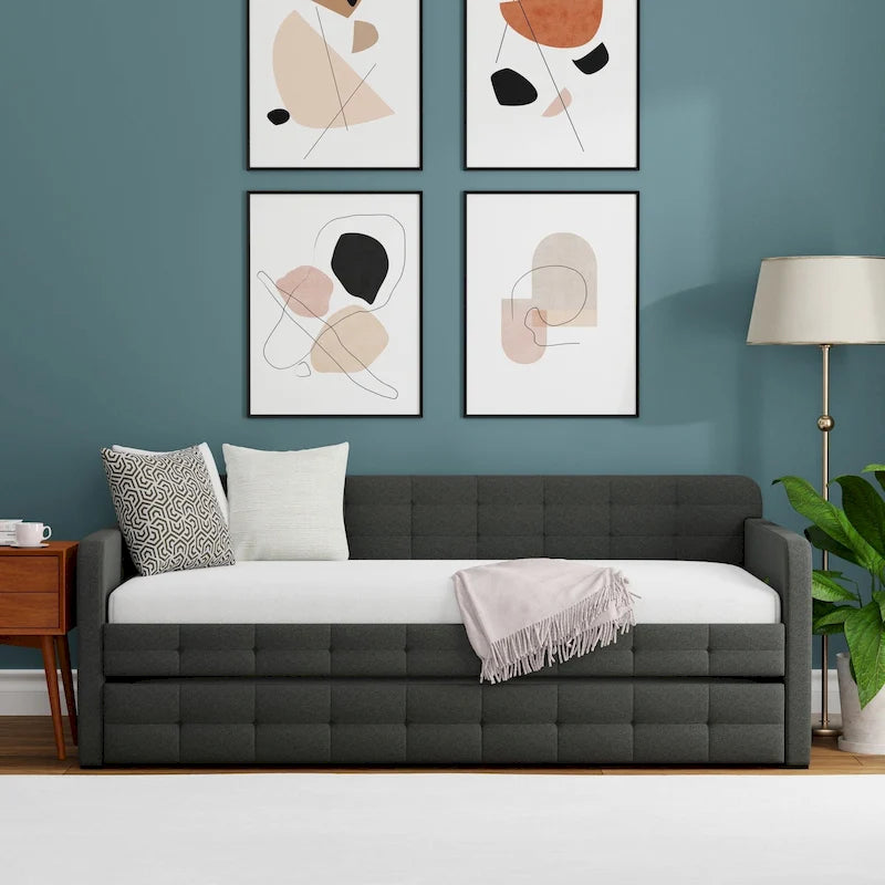 Letto Divano Trapuntato Beige / Pietra / Grigio con Letto Estraibile – Matrimoniale, Posti a Sedere e Posti Letto per 2