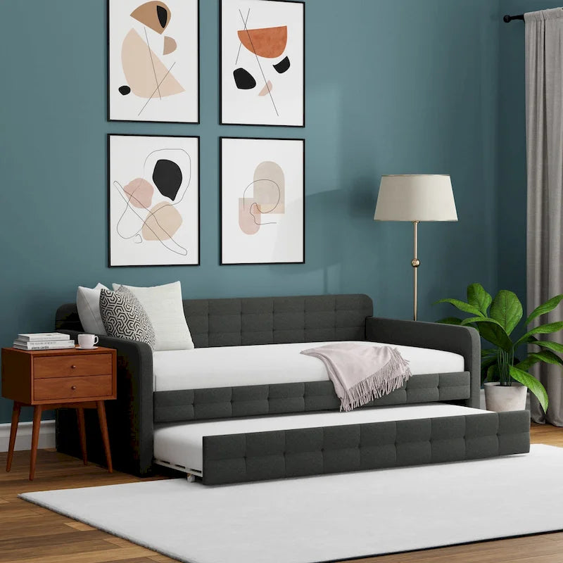 Letto Divano Trapuntato Beige / Pietra / Grigio con Letto Estraibile – Matrimoniale, Posti a Sedere e Posti Letto per 2