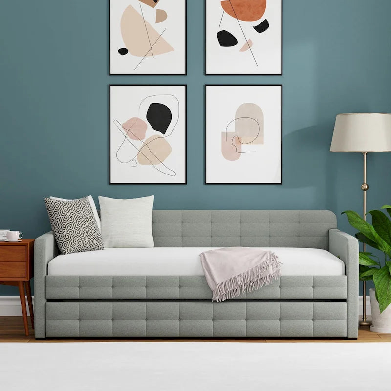 Letto Divano Trapuntato Beige / Pietra / Grigio con Letto Estraibile – Matrimoniale, Posti a Sedere e Posti Letto per 2
