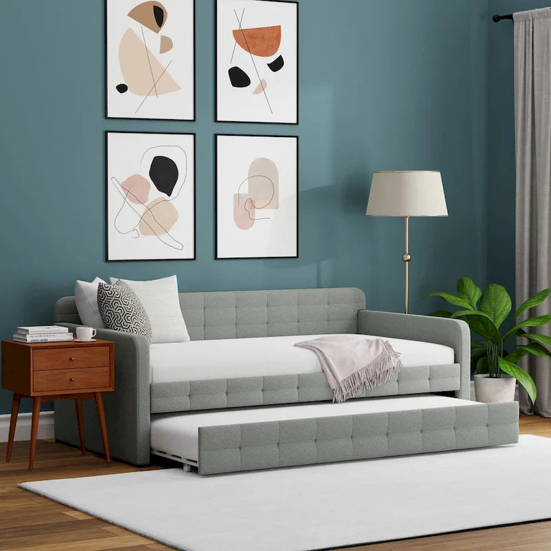 Letto Divano Trapuntato Beige / Pietra / Grigio con Letto Estraibile – Matrimoniale, Posti a Sedere e Posti Letto per 2