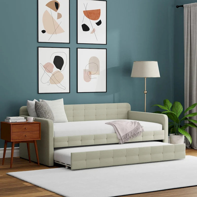 Letto Divano Trapuntato Beige / Pietra / Grigio con Letto Estraibile – Matrimoniale, Posti a Sedere e Posti Letto per 2