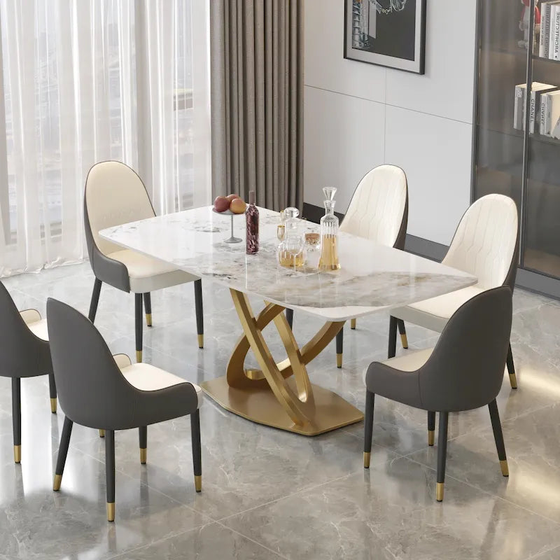 Tavolo da pranzo rettangolare in pietra sinterizzata da 71", base oro, 6-8 posti, Pandora/Nero/Bianco