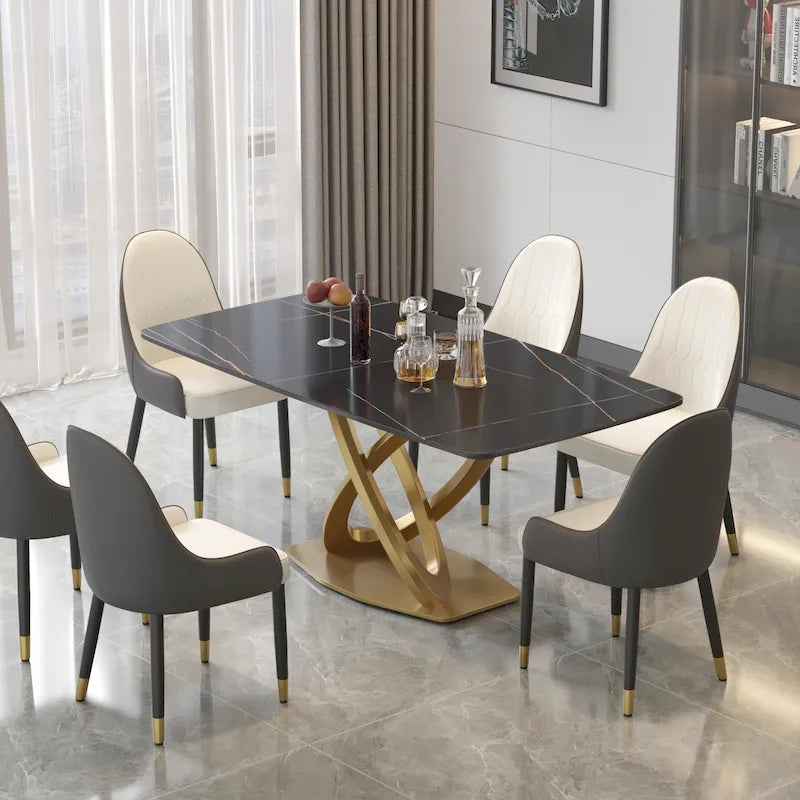 Tavolo da pranzo rettangolare in pietra sinterizzata da 71", base oro, 6-8 posti, Pandora/Nero/Bianco