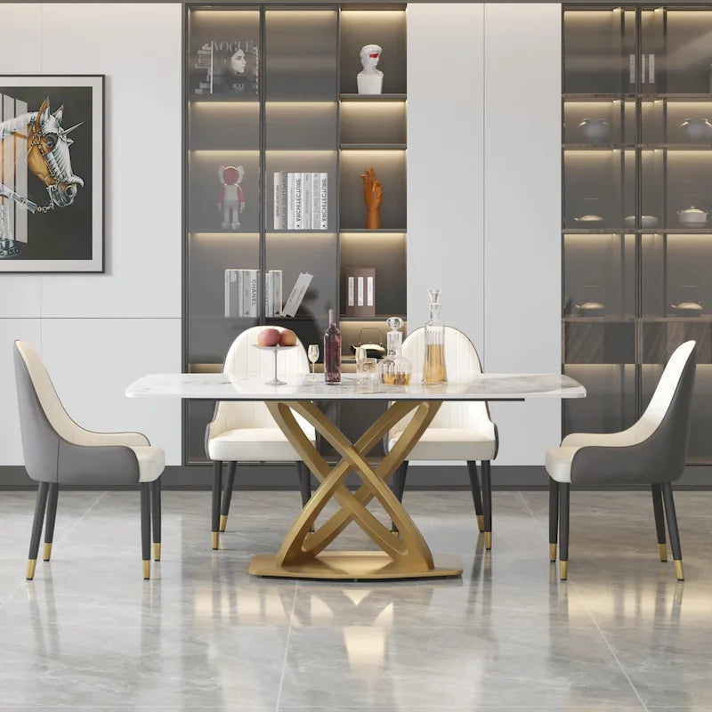 Tavolo da pranzo rettangolare in pietra sinterizzata da 71", base oro, 6-8 posti, Pandora/Nero/Bianco