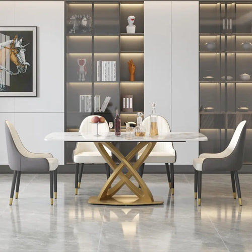 Tavolo da pranzo rettangolare in pietra sinterizzata da 71", base oro, 6-8 posti, Pandora/Nero/Bianco
