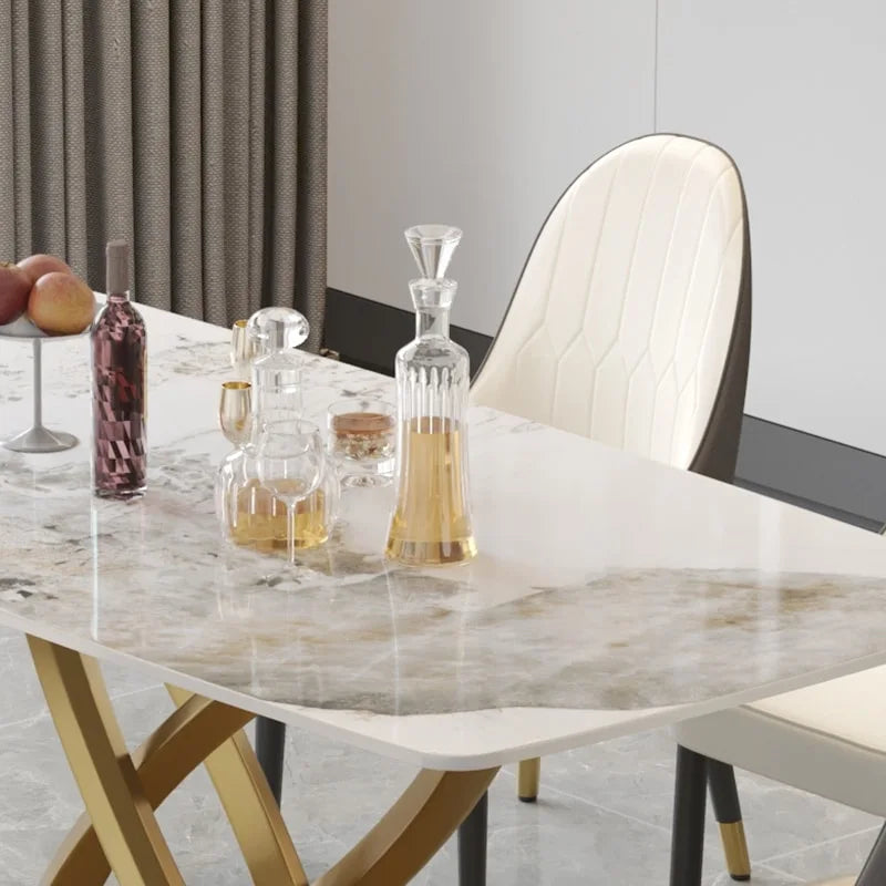 Tavolo da pranzo rettangolare in pietra sinterizzata da 71", base oro, 6-8 posti, Pandora/Nero/Bianco