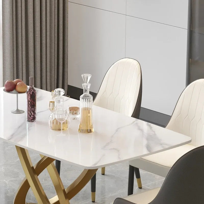 Tavolo da pranzo rettangolare in pietra sinterizzata da 71", base oro, 6-8 posti, Pandora/Nero/Bianco