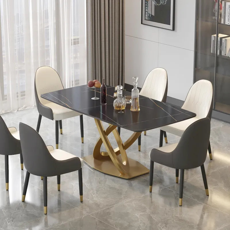 Tavolo da pranzo rettangolare in pietra sinterizzata da 71", base oro, 6-8 posti, Pandora/Nero/Bianco