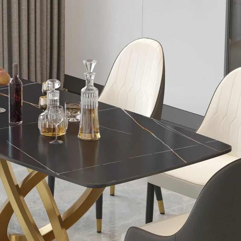 Tavolo da pranzo rettangolare in pietra sinterizzata da 71", base oro, 6-8 posti, Pandora/Nero/Bianco