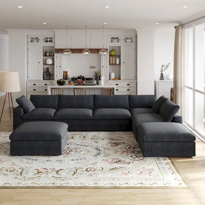 Divano sezionale modulare a U in lino grigio / nero / bianco con pouf, 6 posti a sedere
