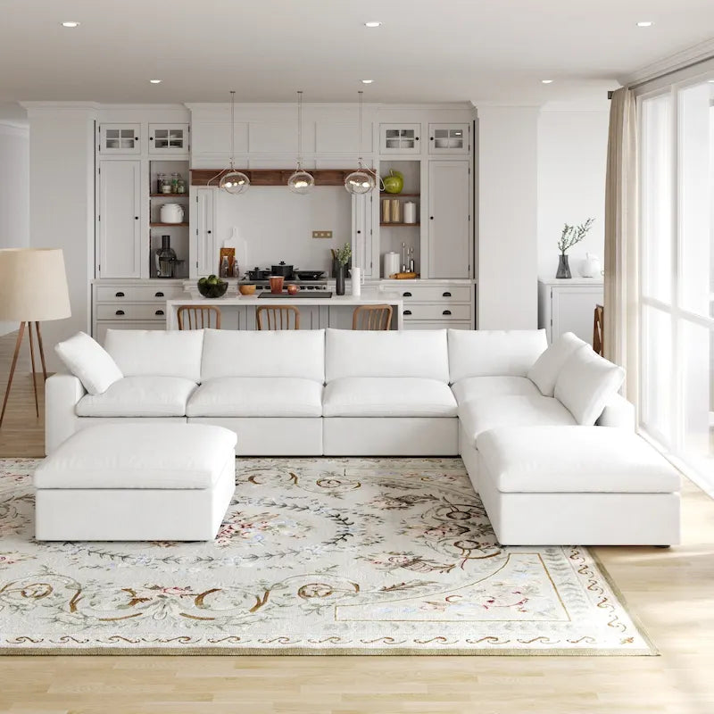 Divano sezionale modulare a U in lino grigio / nero / bianco con pouf, 6 posti a sedere