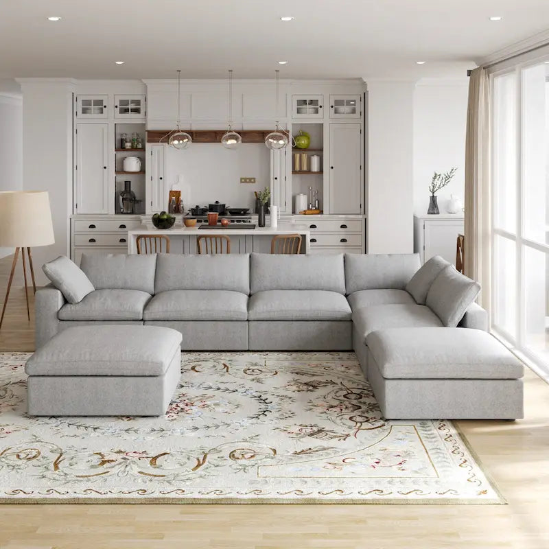 Divano sezionale modulare a U in lino grigio / nero / bianco con pouf, 6 posti a sedere