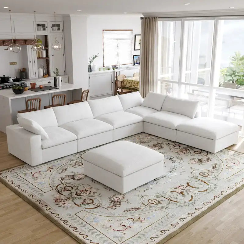 Divano sezionale modulare a U in lino grigio / nero / bianco con pouf, 6 posti a sedere