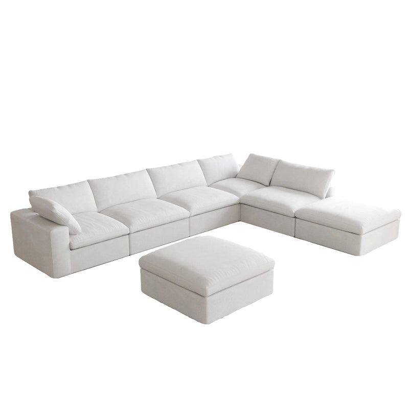 Divano sezionale modulare a U in lino grigio / nero / bianco con pouf, 6 posti a sedere