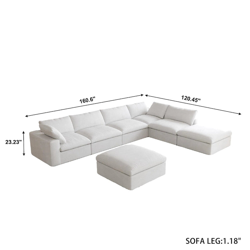 Divano sezionale modulare a U in lino grigio / nero / bianco con pouf, 6 posti a sedere