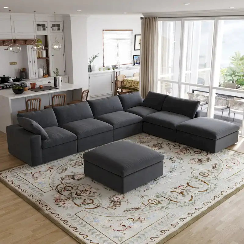 Divano sezionale modulare a U in lino grigio / nero / bianco con pouf, 6 posti a sedere