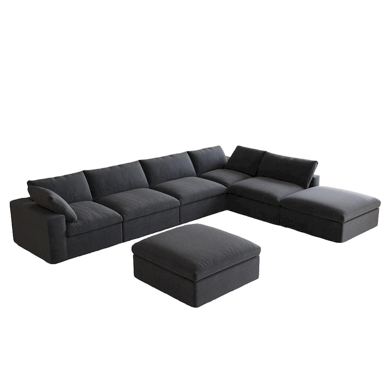 Divano sezionale modulare a U in lino grigio / nero / bianco con pouf, 6 posti a sedere